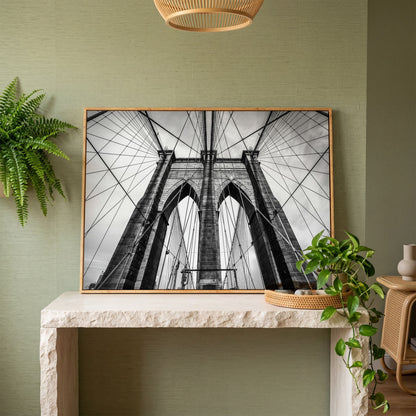 Brooklyn Bridge Tower and Cables Close-Up Canvas Wall Art in white oak floating frame