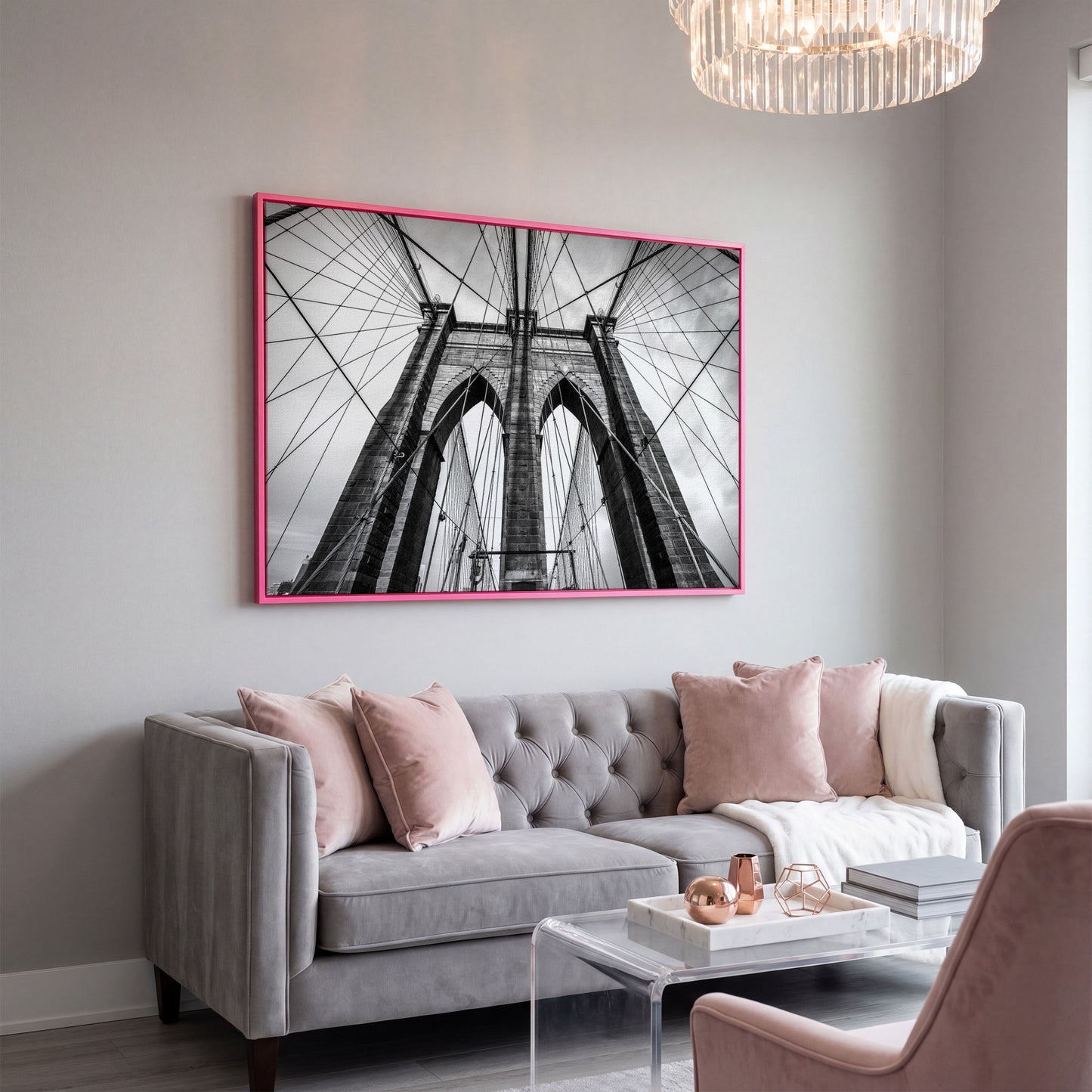 Brooklyn Bridge Tower and Cables Close-Up Canvas Wall Art in pink floating frame