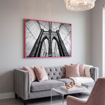 Brooklyn Bridge Tower and Cables Close-Up Canvas Wall Art in pink floating frame