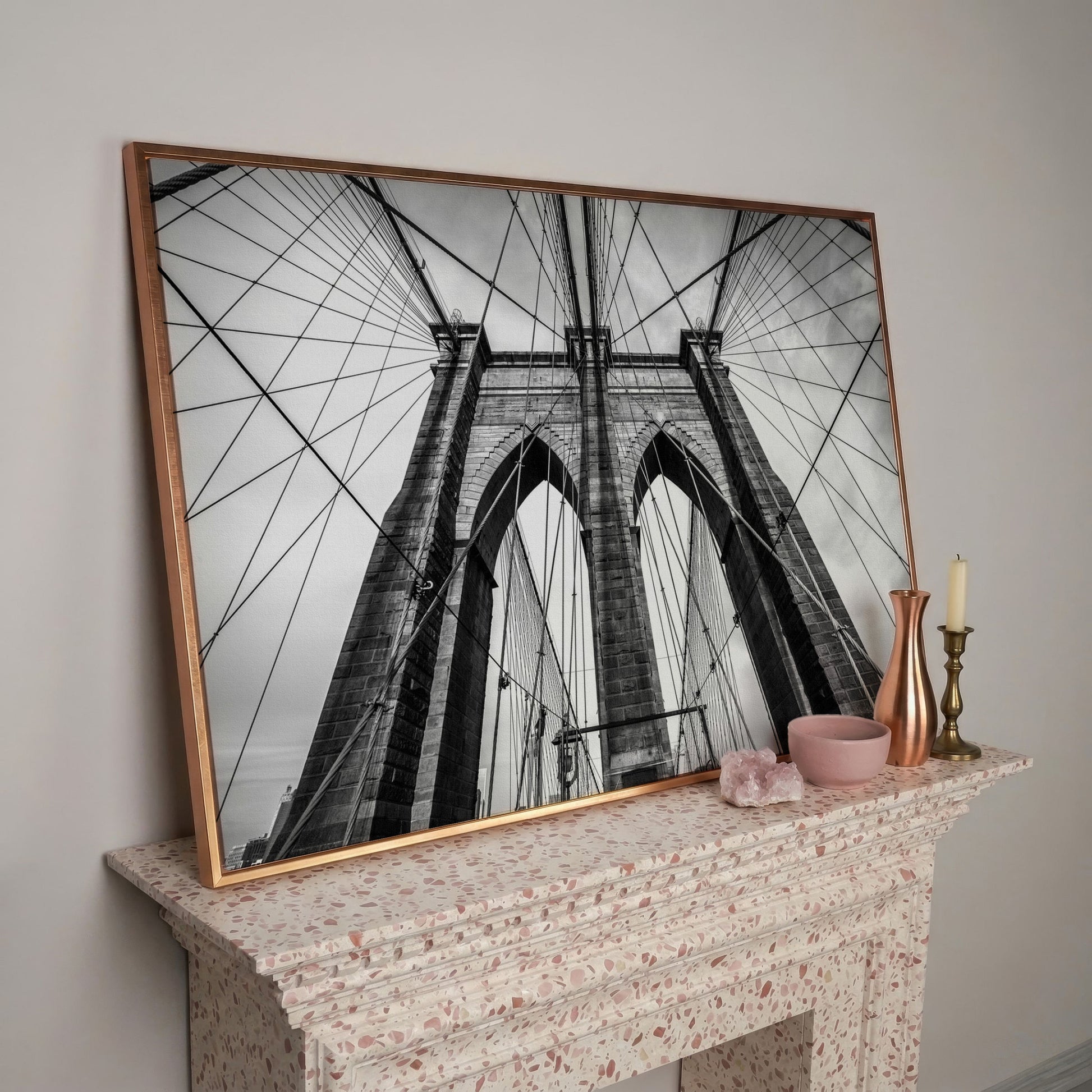 Brooklyn Bridge Tower and Cables Close-Up Canvas Wall Art in rose gold floating frame