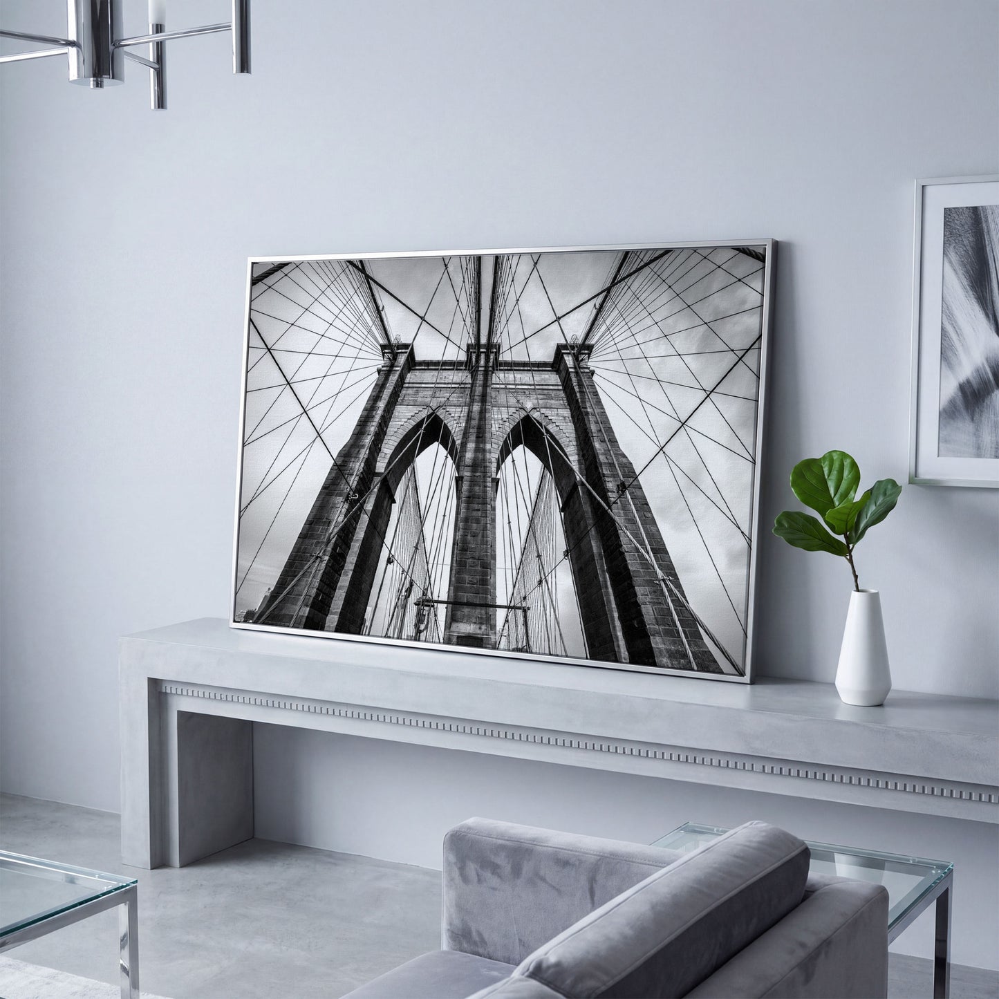 Brooklyn Bridge Tower and Cables Close-Up Canvas Wall Art in silver floating frame