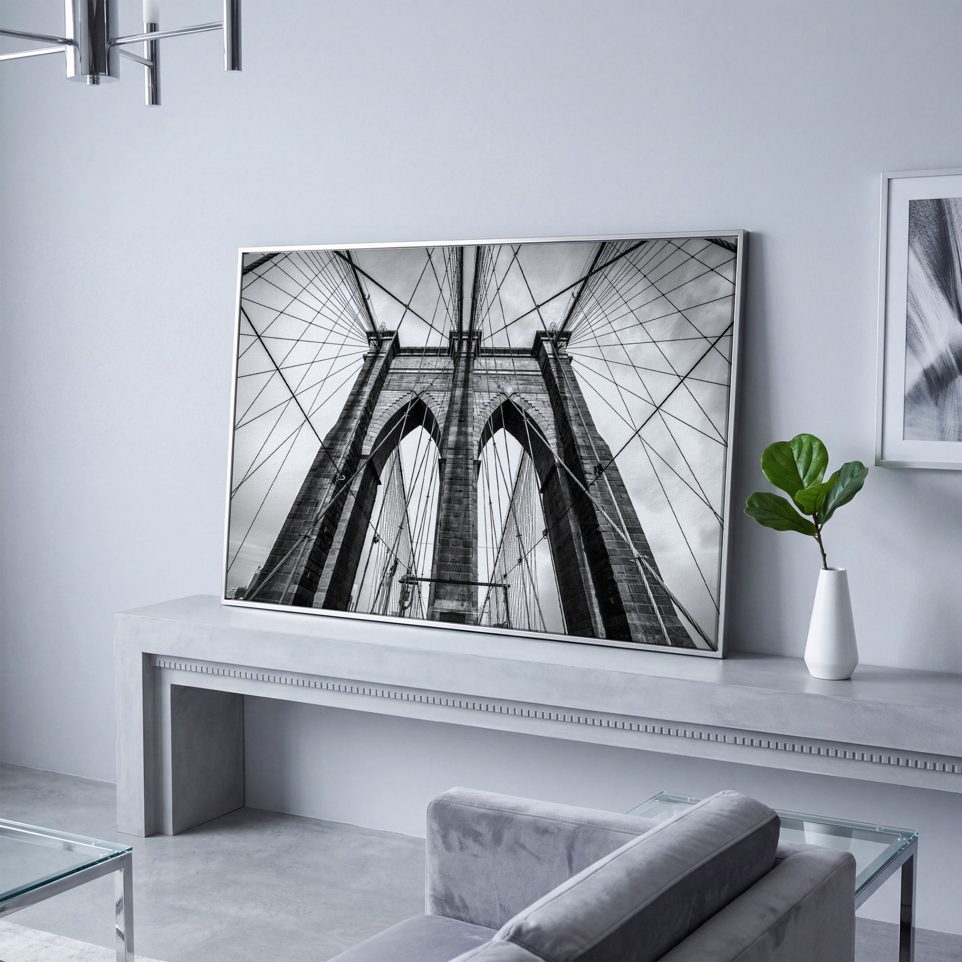 Brooklyn Bridge Tower and Cables Close-Up Canvas Wall Art in silver floating frame