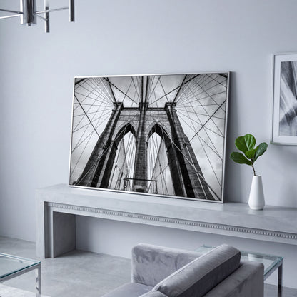Brooklyn Bridge Tower and Cables Close-Up Canvas Wall Art in silver floating frame