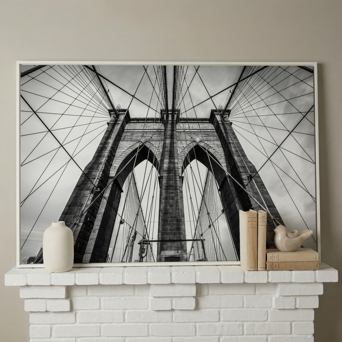 Brooklyn Bridge Tower and Cables Close-Up Canvas Wall Art in white floating frame
