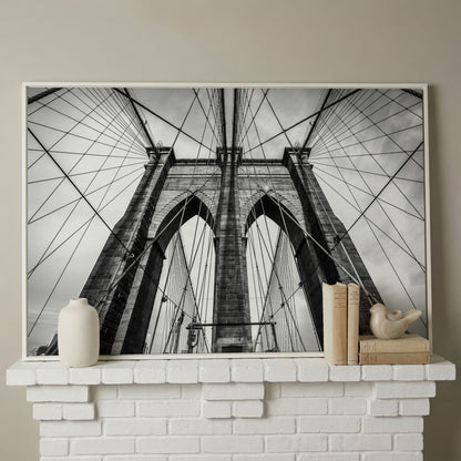 Brooklyn Bridge Tower and Cables Close-Up Canvas Wall Art in white floating frame