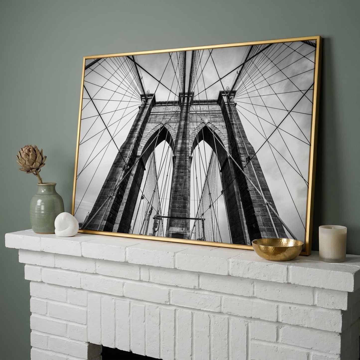 Brooklyn Bridge Tower and Cables Close-Up Canvas Wall Art in yellow gold floating frame