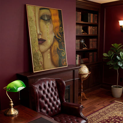Golden Tears Portrait Canvas Art, Klimt-Inspired Art Nouveau Wall Art in antique gold floating frame