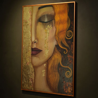 Golden Tears Portrait Canvas Art, Klimt-Inspired Art Nouveau Wall Art shown in antique gold floating frame