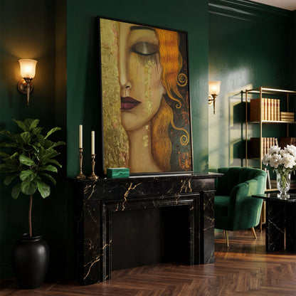 Golden Tears Portrait Canvas Art, Klimt-Inspired Art Nouveau Wall Art in black floating frame