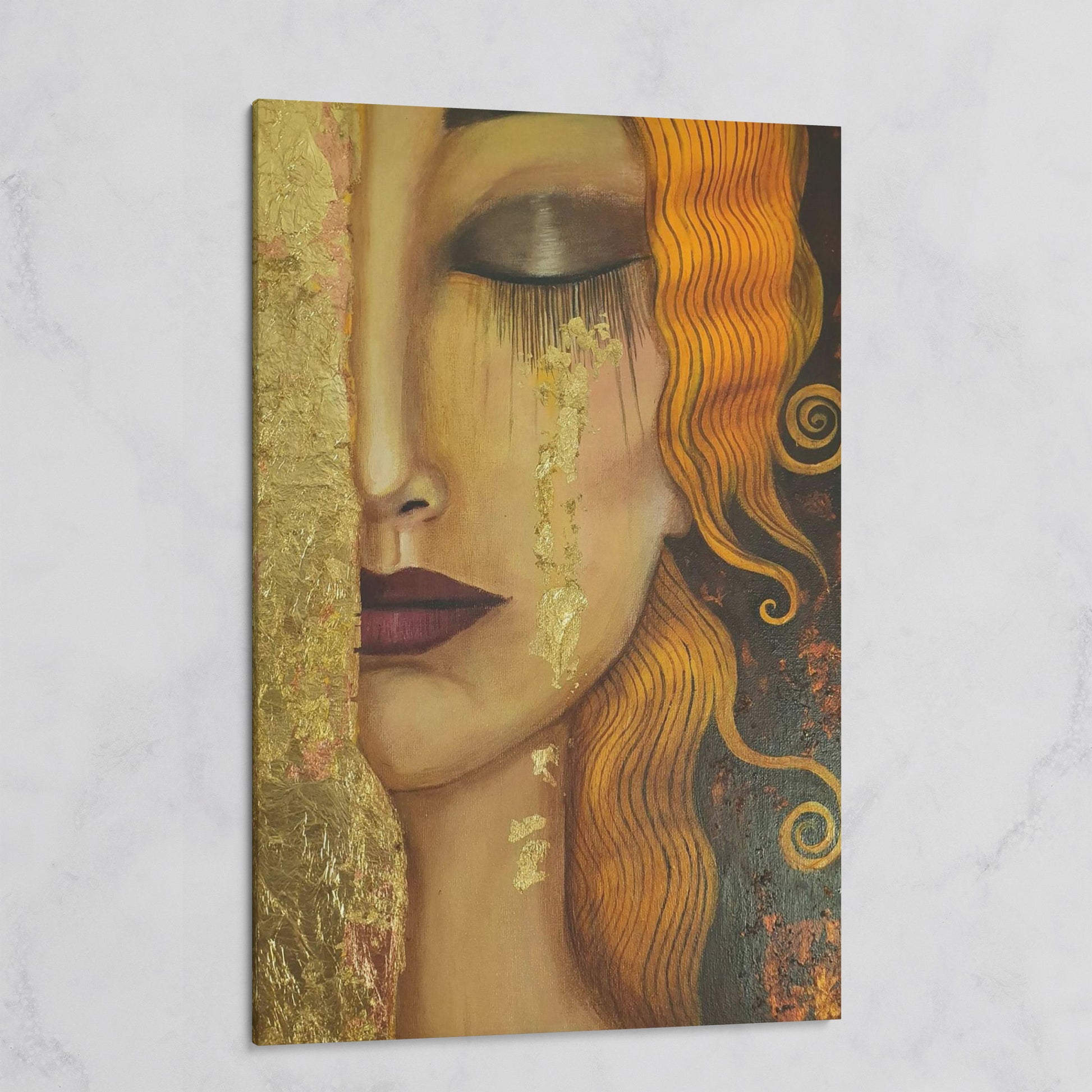 Golden Tears Portrait Canvas Art, Klimt-Inspired Art Nouveau Wall Art on gallery wrap