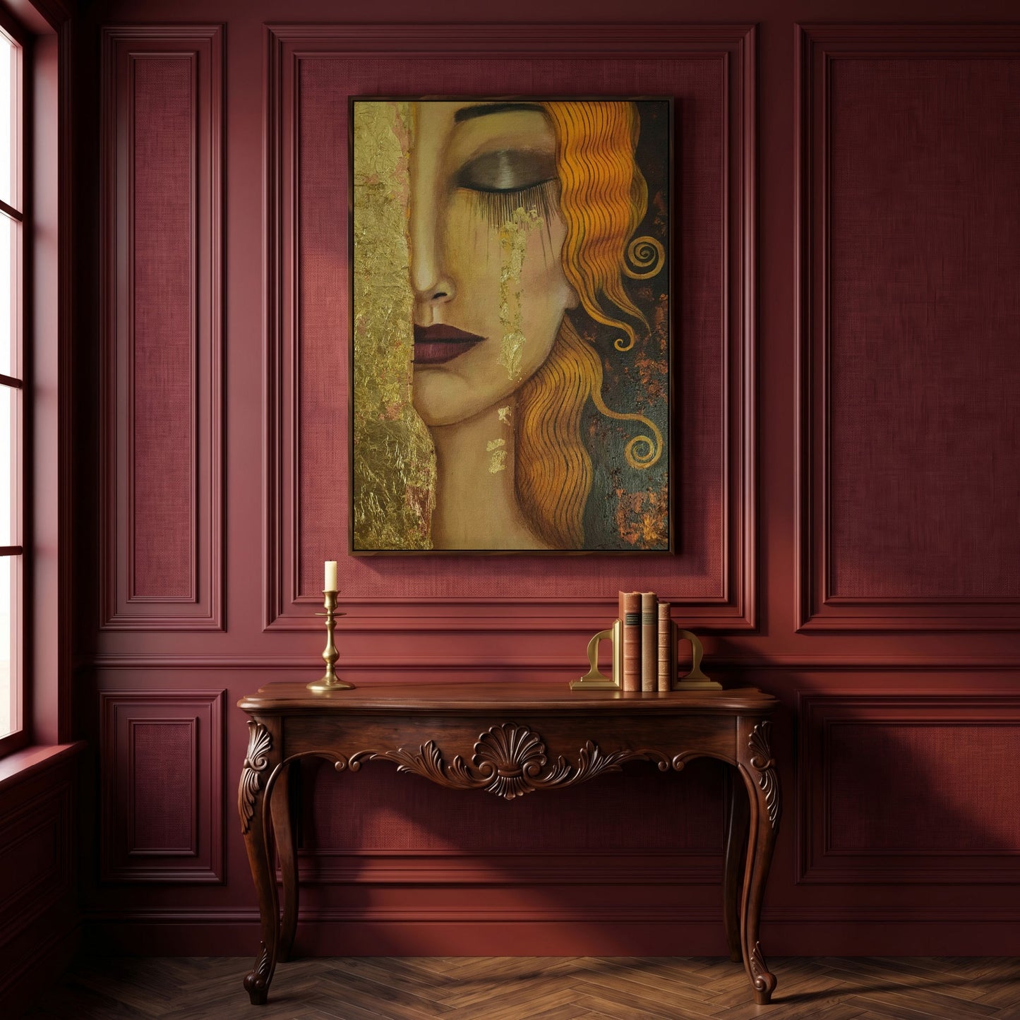 Golden Tears Portrait Canvas Art, Klimt-Inspired Art Nouveau Wall Art in dark walnut floating frame