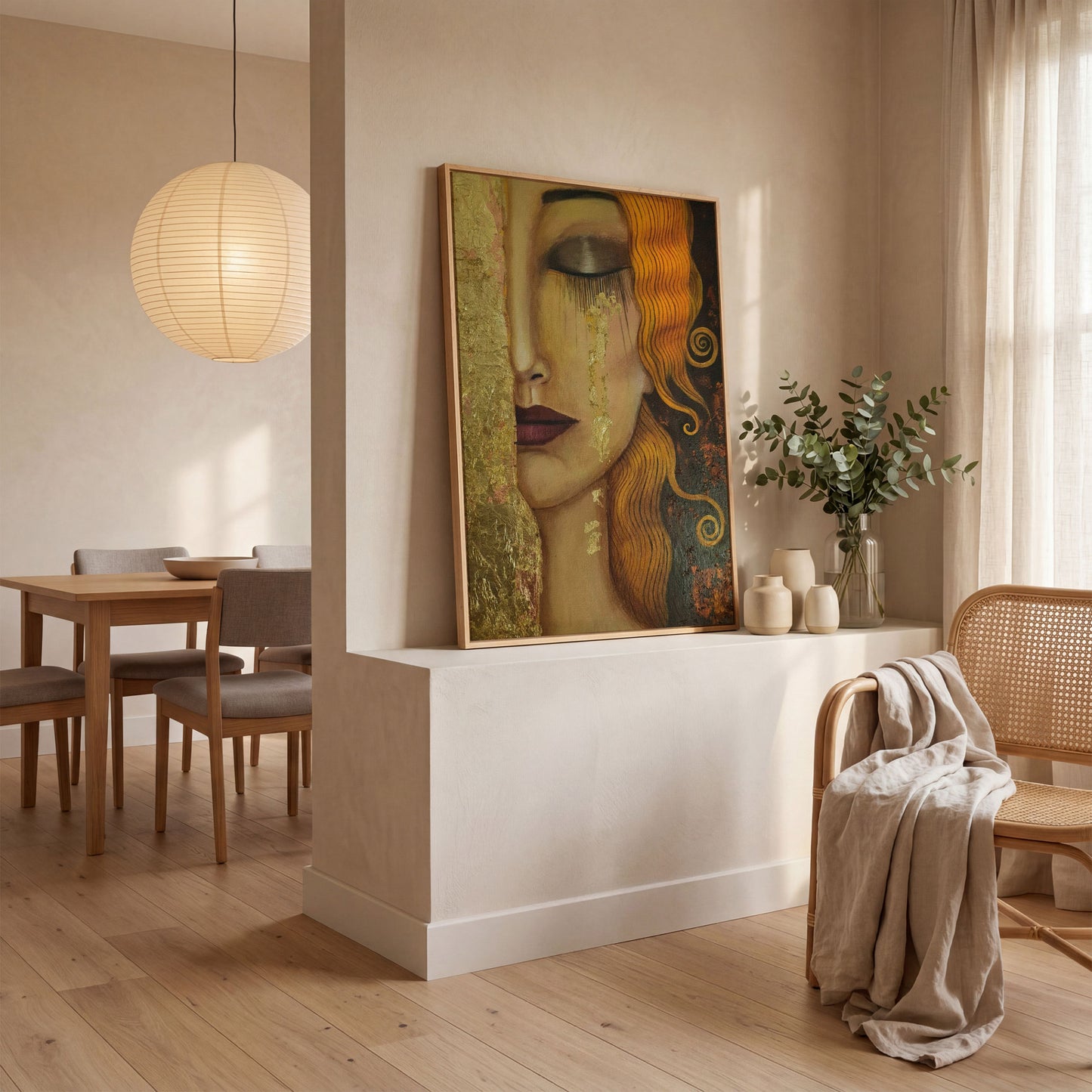 Golden Tears Portrait Canvas Art, Klimt-Inspired Art Nouveau Wall Art in white oak floating frame