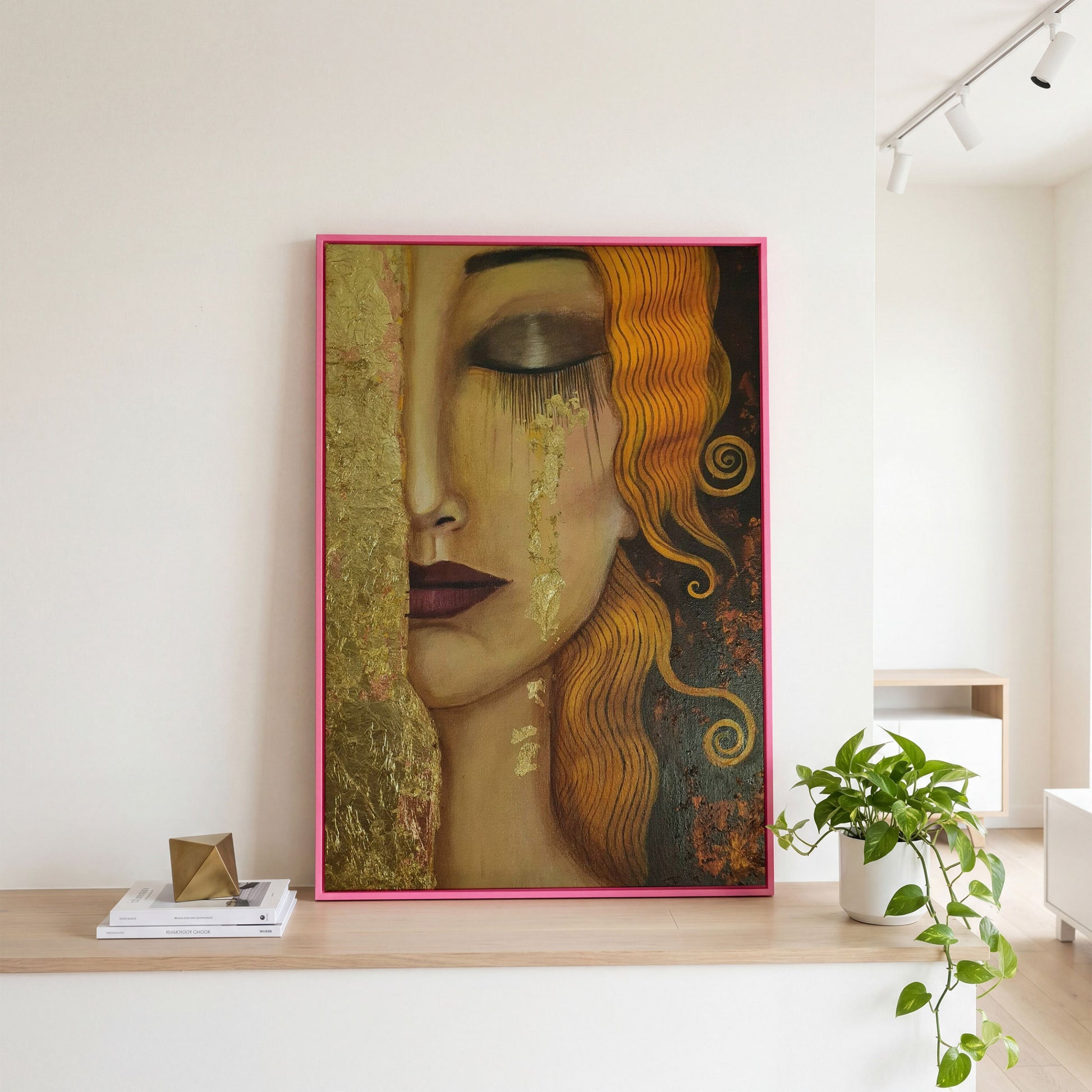 Golden Tears Portrait Canvas Art, Klimt-Inspired Art Nouveau Wall Art in pink floating frame