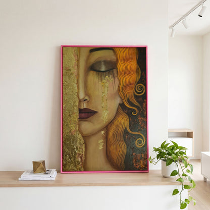 Golden Tears Portrait Canvas Art, Klimt-Inspired Art Nouveau Wall Art in pink floating frame