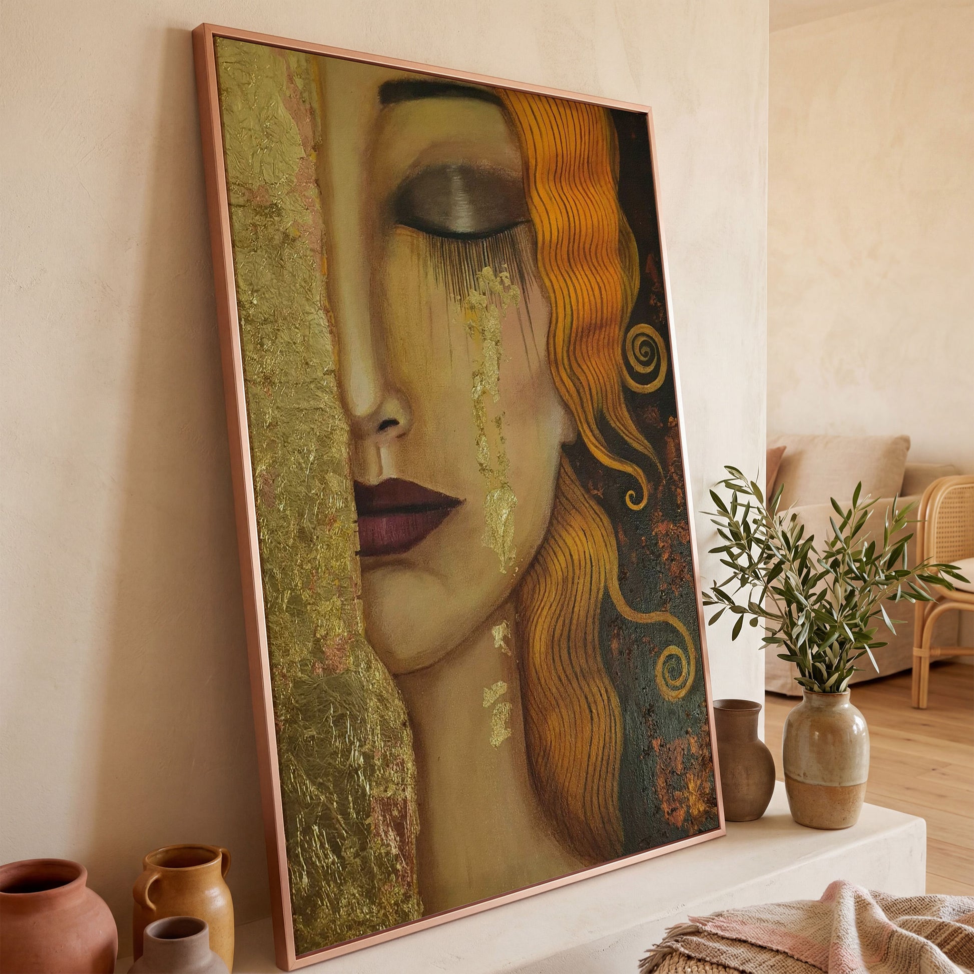 Golden Tears Portrait Canvas Art, Klimt-Inspired Art Nouveau Wall Art in rose gold floating frame
