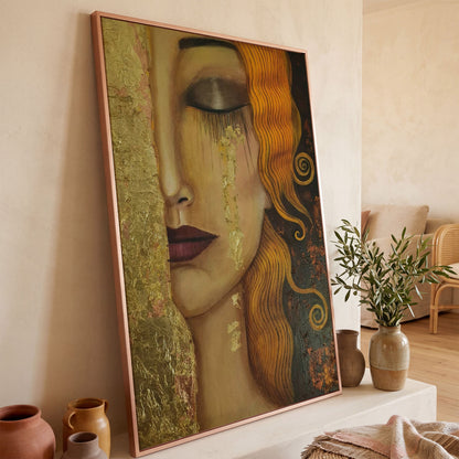 Golden Tears Portrait Canvas Art, Klimt-Inspired Art Nouveau Wall Art in rose gold floating frame
