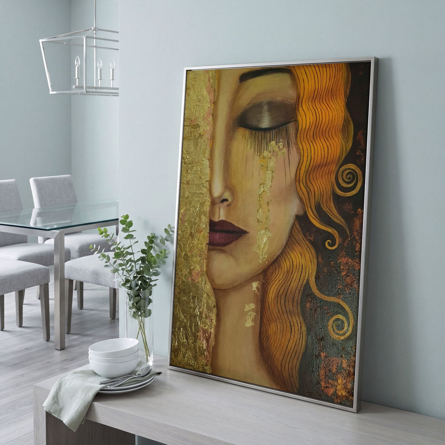 Golden Tears Portrait Canvas Art, Klimt-Inspired Art Nouveau Wall Art in silver floating frame