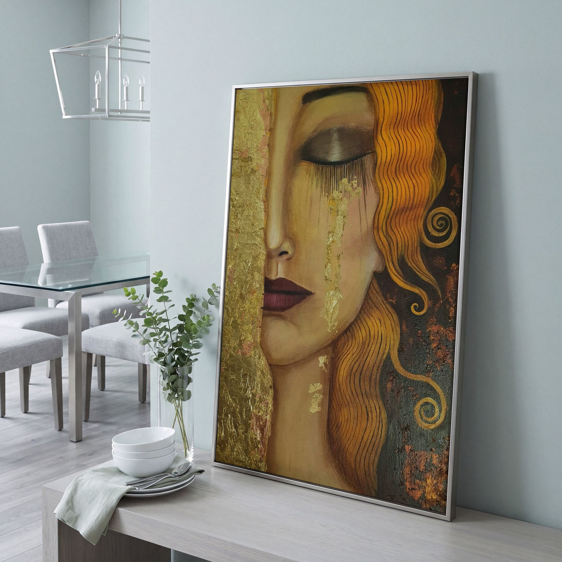 Golden Tears Portrait Canvas Art, Klimt-Inspired Art Nouveau Wall Art in silver floating frame