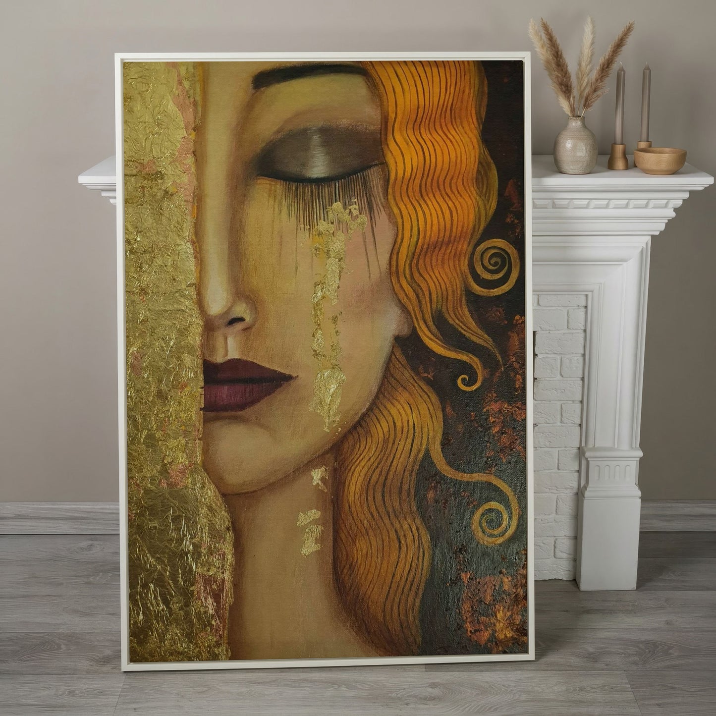 Golden Tears Portrait Canvas Art, Klimt-Inspired Art Nouveau Wall Art in white floating frame
