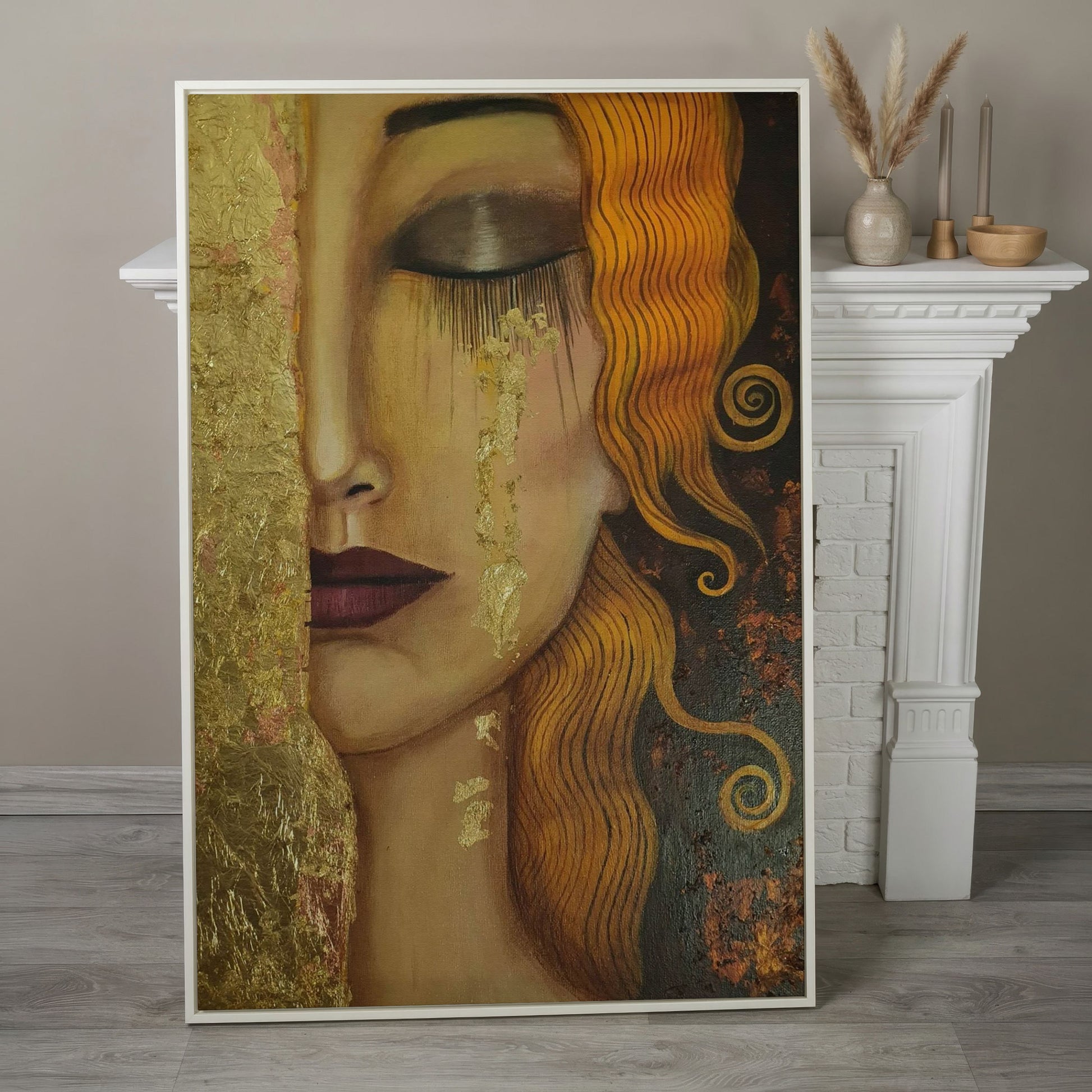 Golden Tears Portrait Canvas Art, Klimt-Inspired Art Nouveau Wall Art in white floating frame