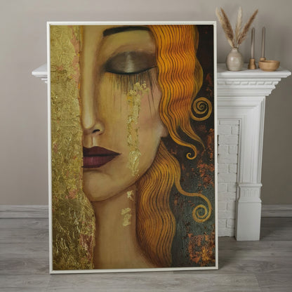 Golden Tears Portrait Canvas Art, Klimt-Inspired Art Nouveau Wall Art in white floating frame