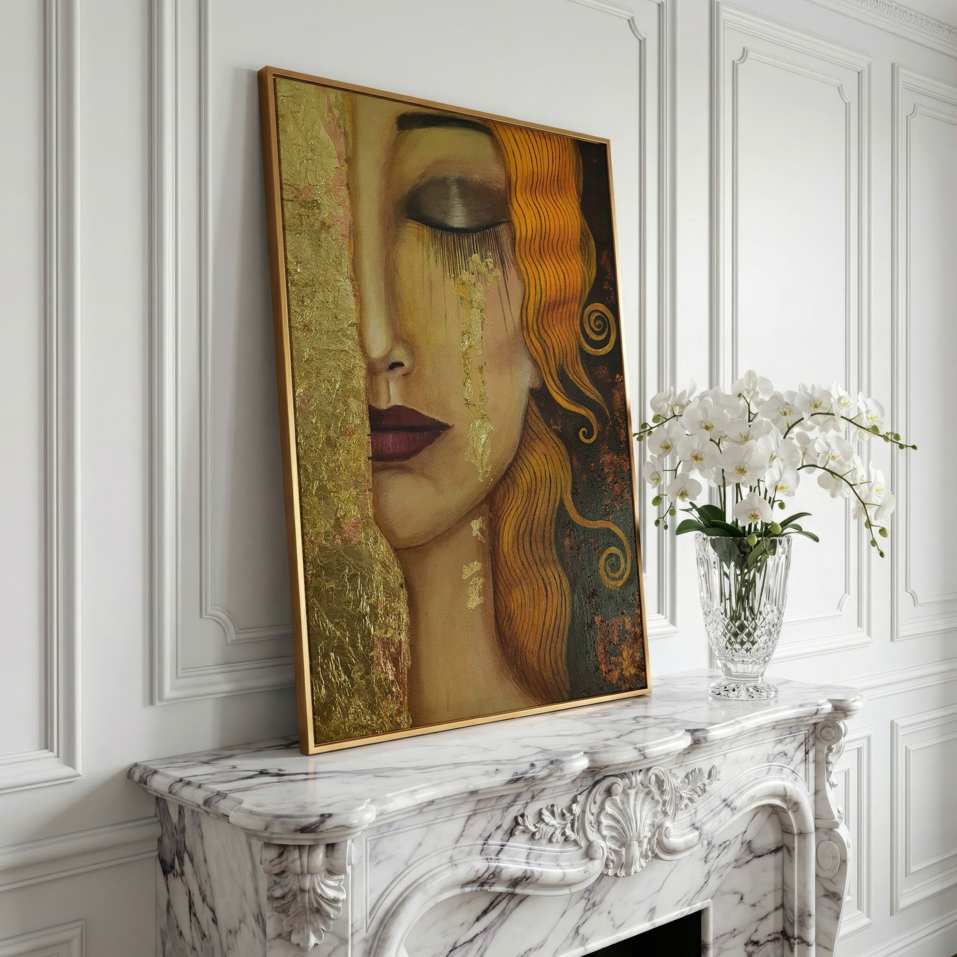 Golden Tears Portrait Canvas Art, Klimt-Inspired Art Nouveau Wall Art in yellow gold floating frame