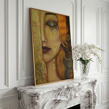 Golden Tears Portrait Canvas Art, Klimt-Inspired Art Nouveau Wall Art in yellow gold floating frame