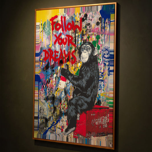 Gorilla on Coca-Cola Cooler with Graffiti Canvas Print shown in antique gold floating frame