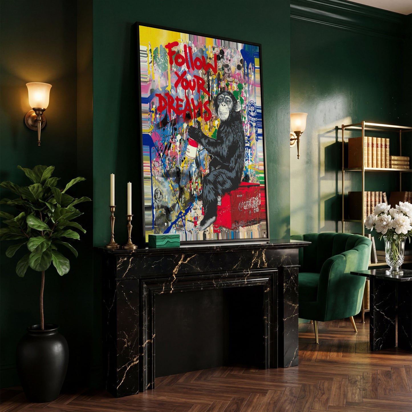 Gorilla on Coca-Cola Cooler with Graffiti Canvas Print in black floating frame