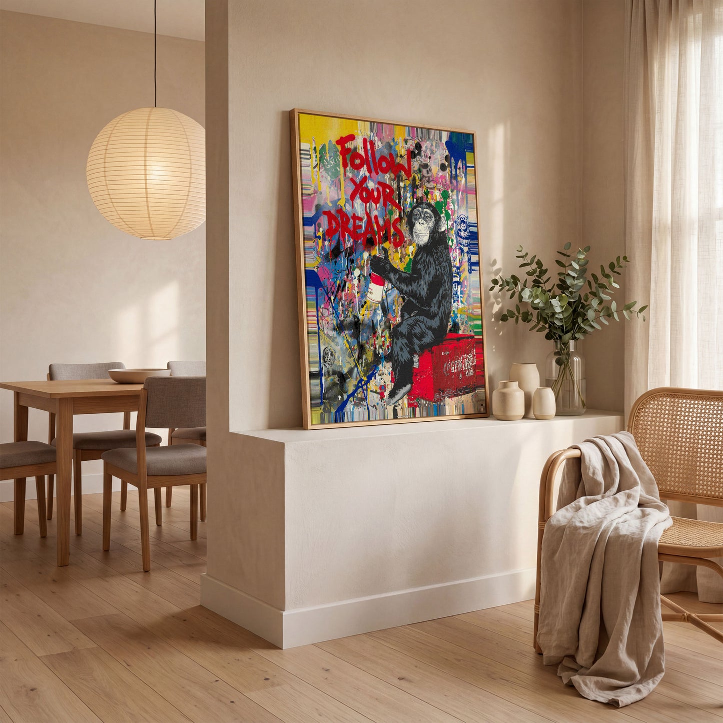 Gorilla on Coca-Cola Cooler with Graffiti Canvas Print in white oak floating frame