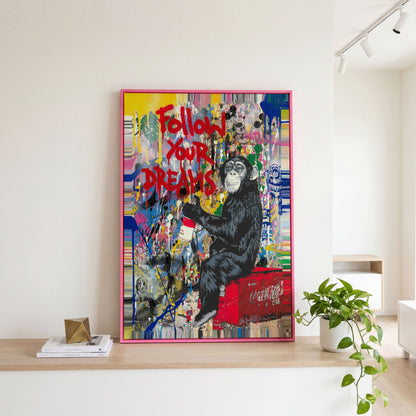Gorilla on Coca-Cola Cooler with Graffiti Canvas Print in pink floating frame