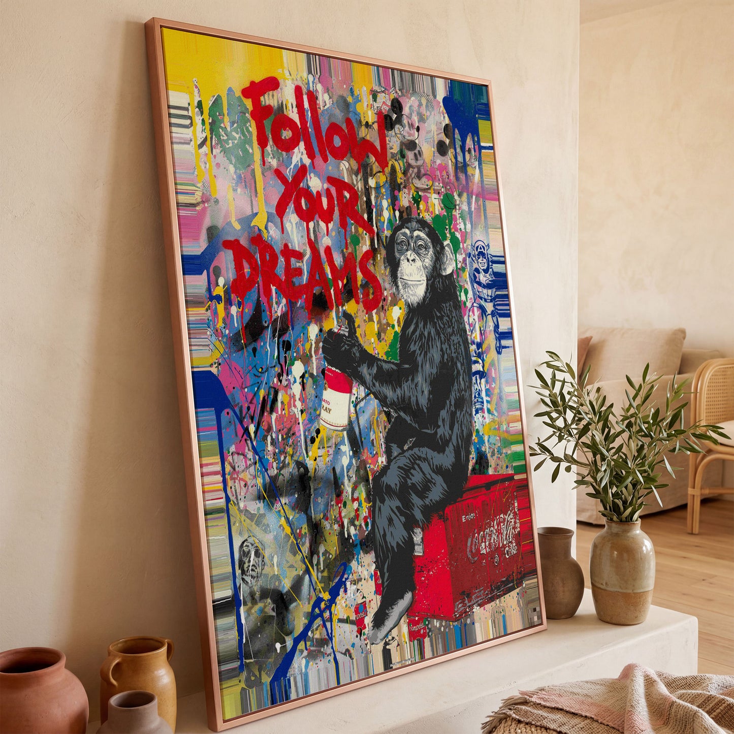 Gorilla on Coca-Cola Cooler with Graffiti Canvas Print in rose gold floating frame