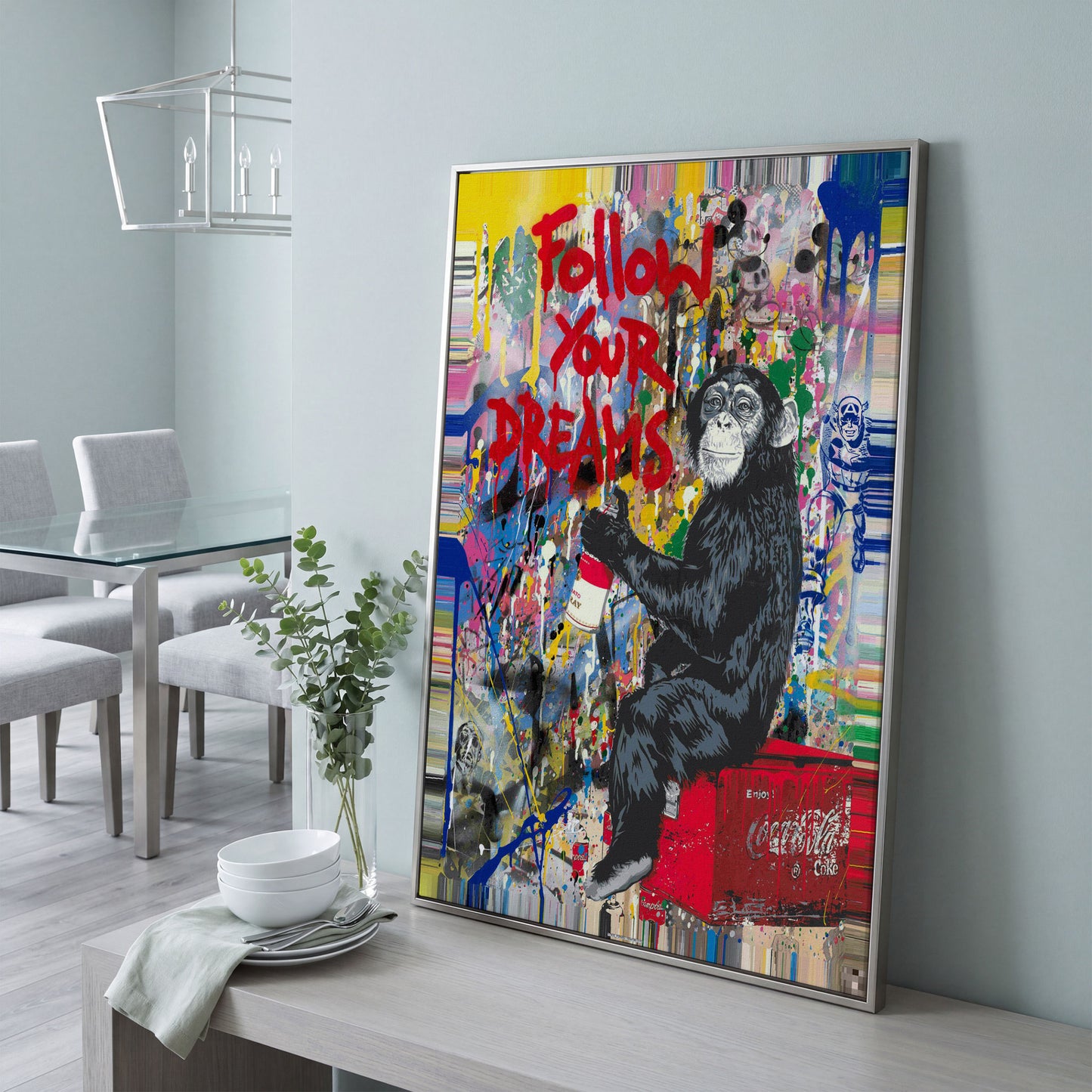Gorilla on Coca-Cola Cooler with Graffiti Canvas Print in silver floating frame