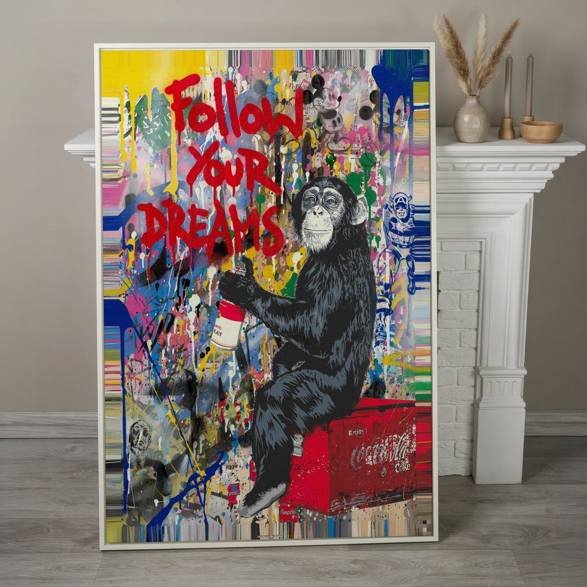 Gorilla on Coca-Cola Cooler with Graffiti Canvas Print in white floating frame