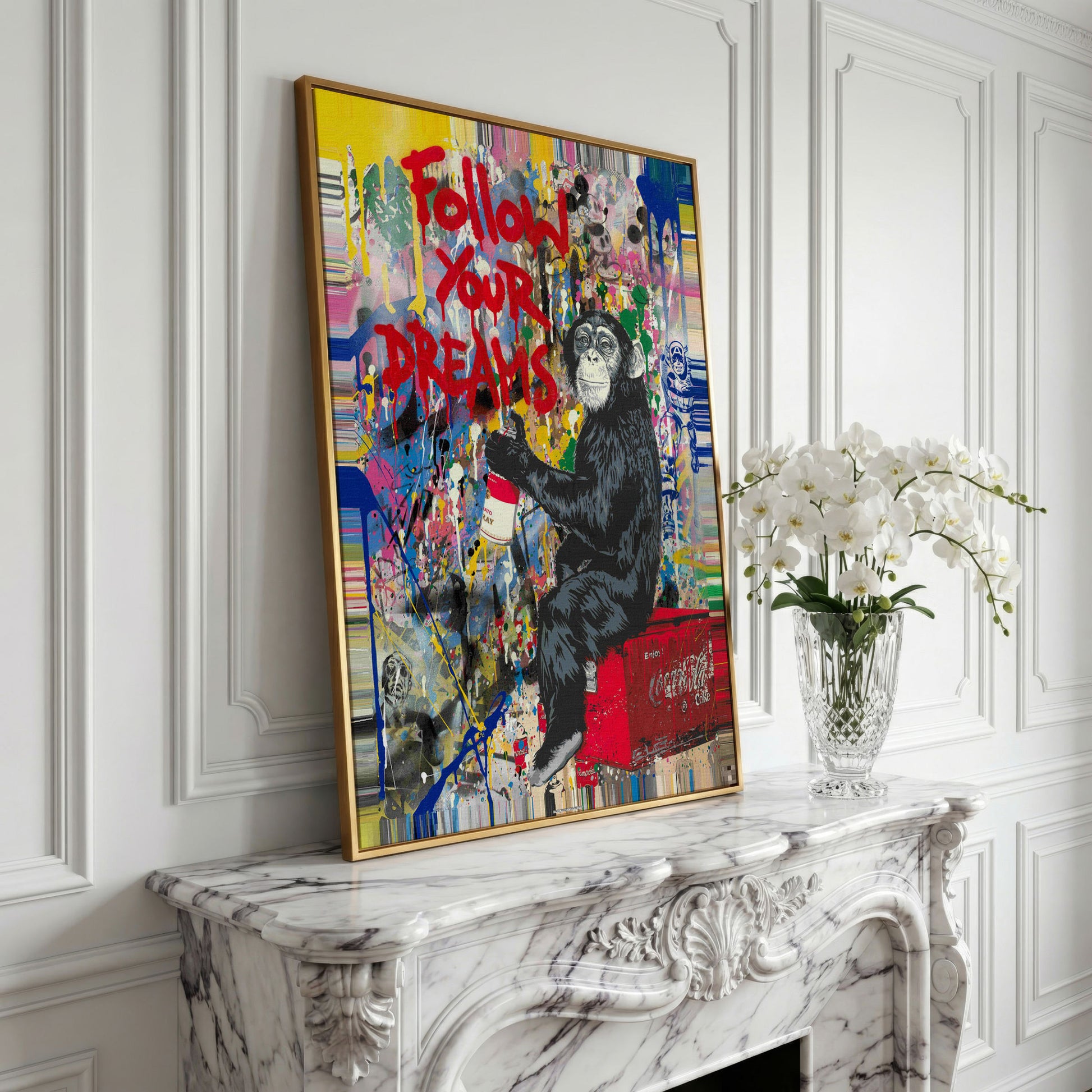 Gorilla on Coca-Cola Cooler with Graffiti Canvas Print in yellow gold floating frame
