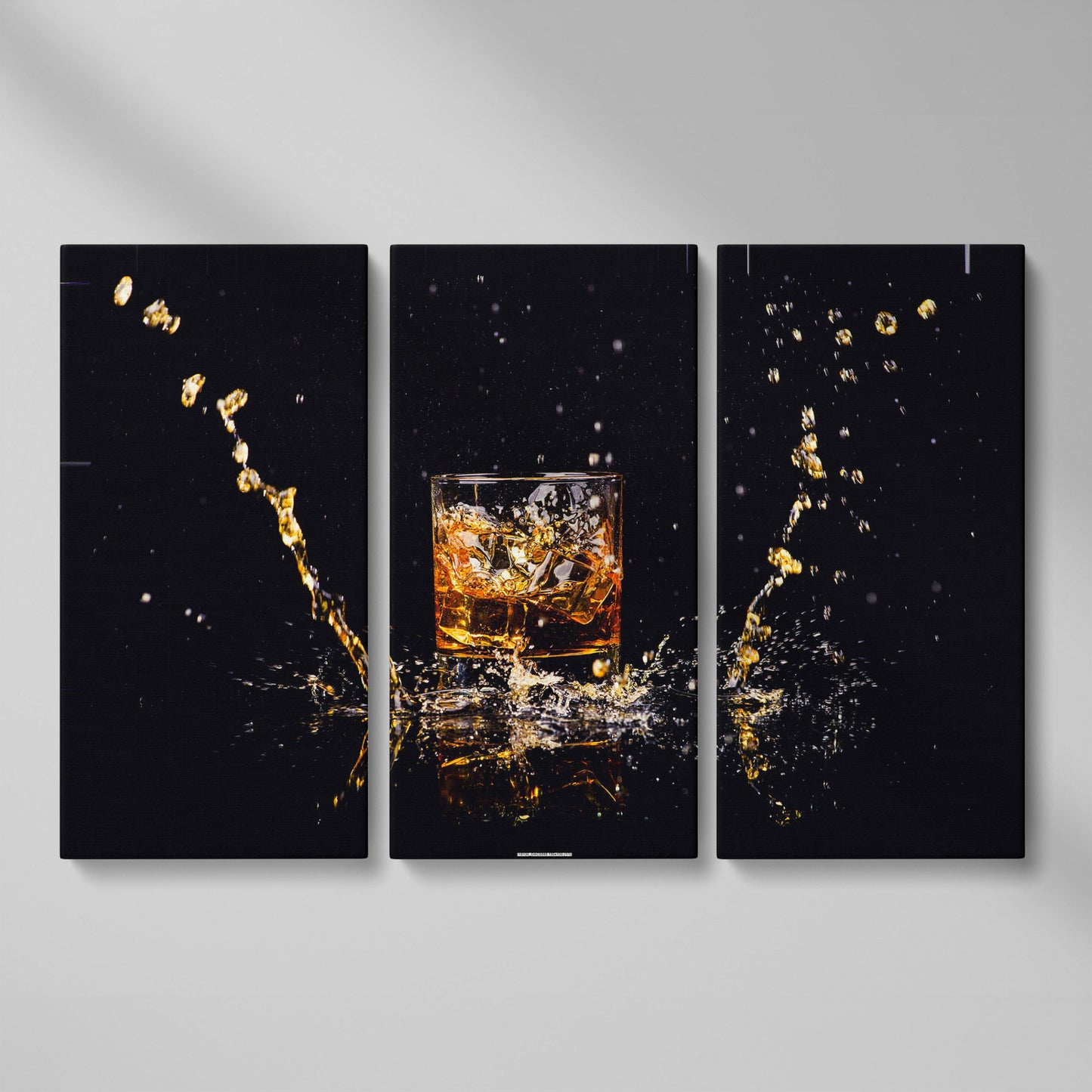 Whiskey Splash High-Speed Canvas Art. ADAM0131 as 3-panel split version