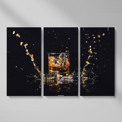 Whiskey Splash High-Speed Canvas Art. ADAM0131 as 3-panel split version