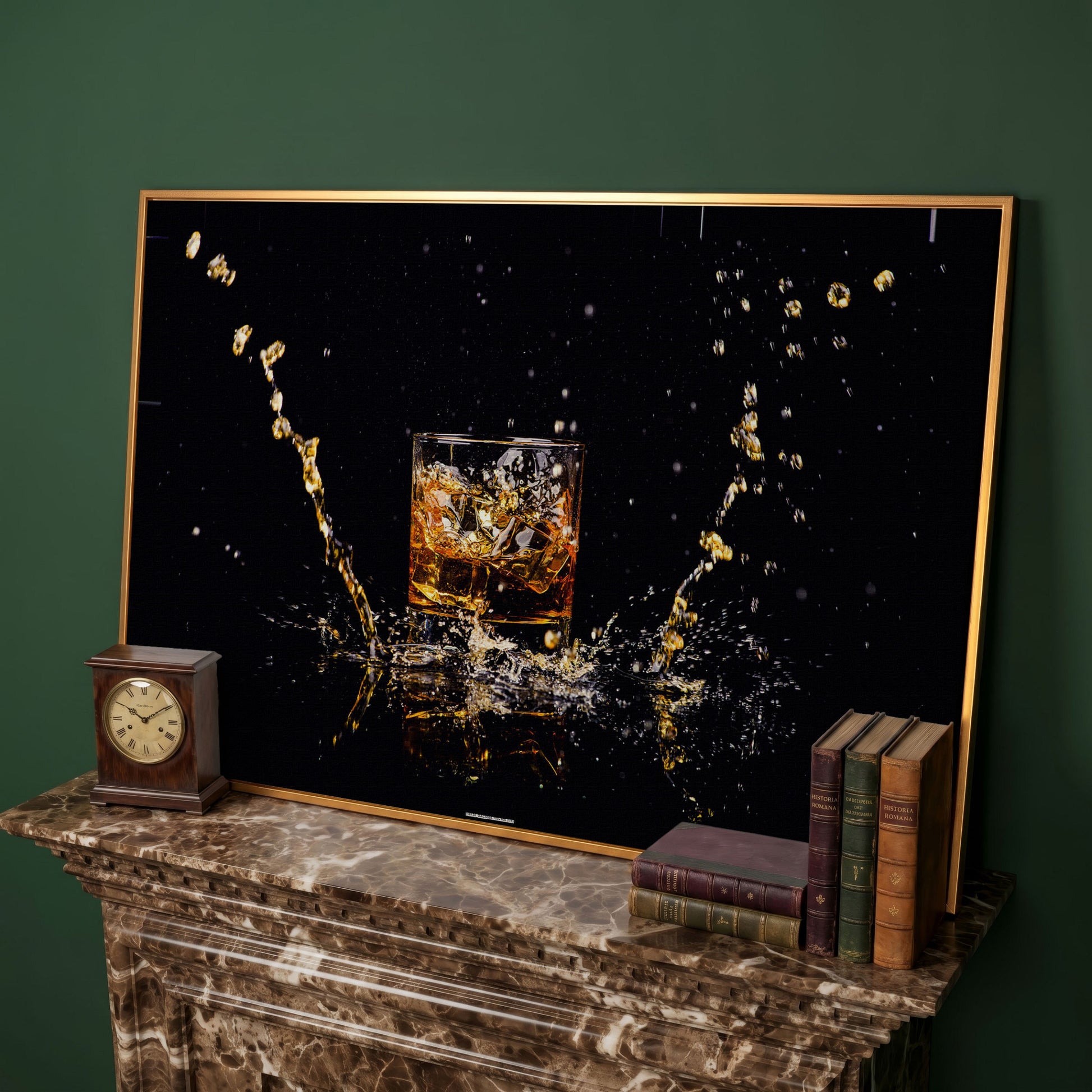 Whiskey Splash High-Speed Canvas Art. ADAM0131 in antique gold floating frame