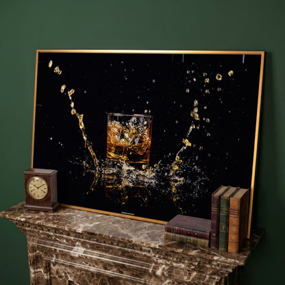Whiskey Splash High-Speed Canvas Art. ADAM0131 in antique gold floating frame