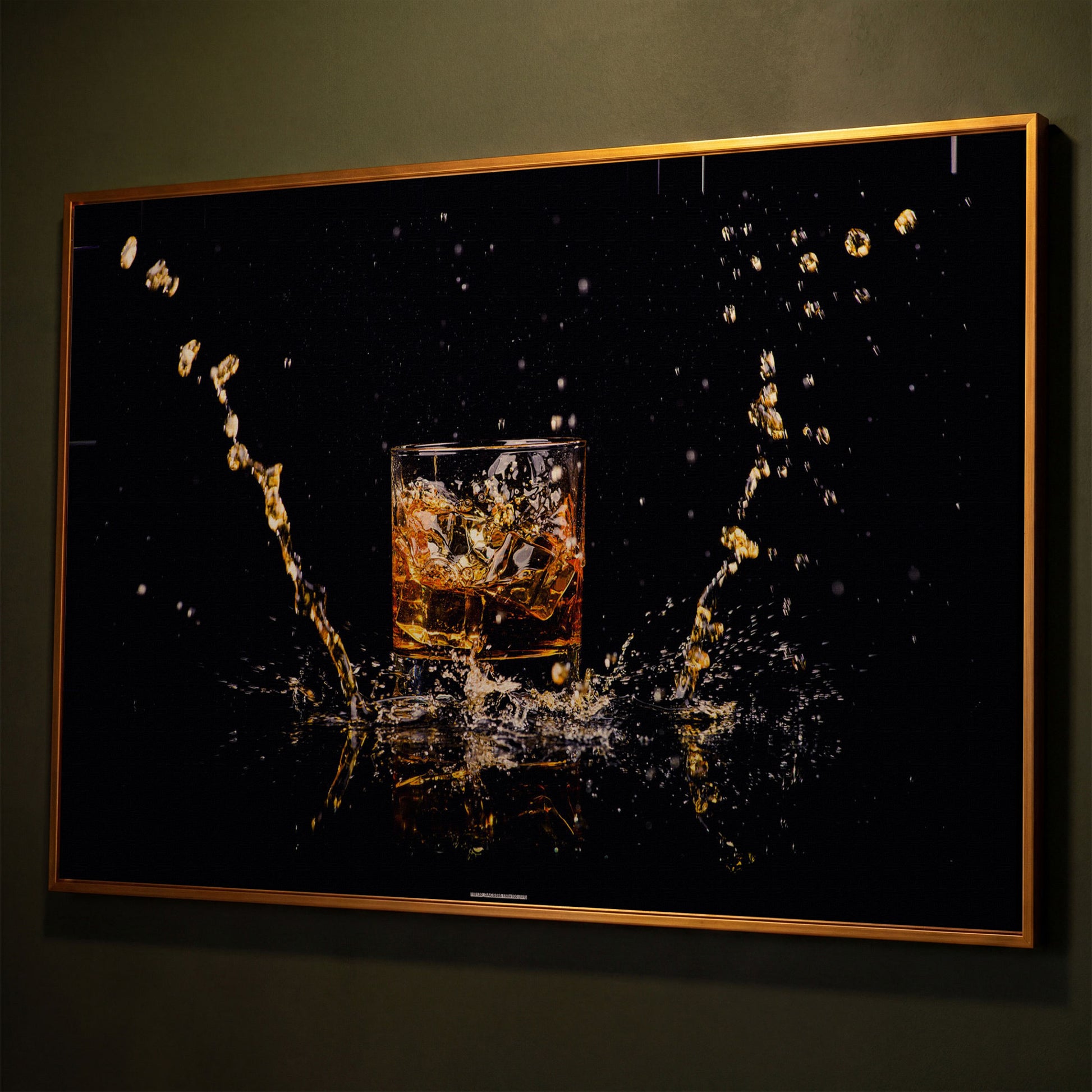 Whiskey Splash High-Speed Canvas Art. ADAM0131 shown in antique gold floating frame