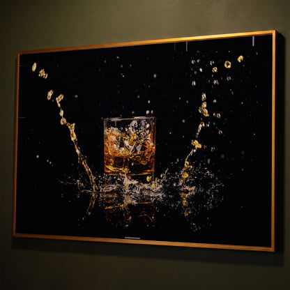 Whiskey Splash High-Speed Canvas Art. ADAM0131 shown in antique gold floating frame