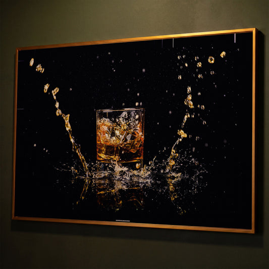 Whiskey Splash High-Speed Canvas Art. ADAM0131 shown in antique gold floating frame