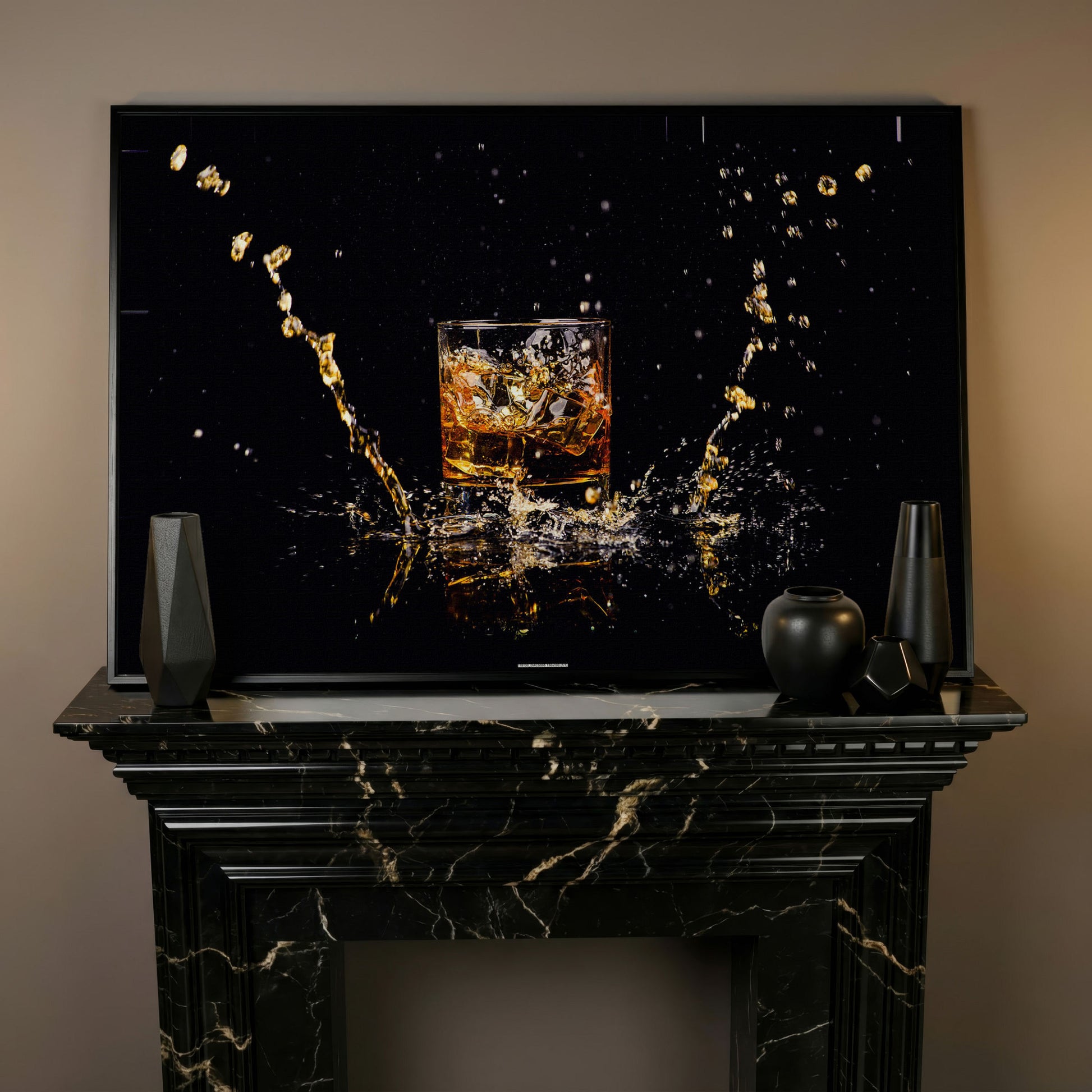 Whiskey Splash High-Speed Canvas Art. ADAM0131 in black floating frame