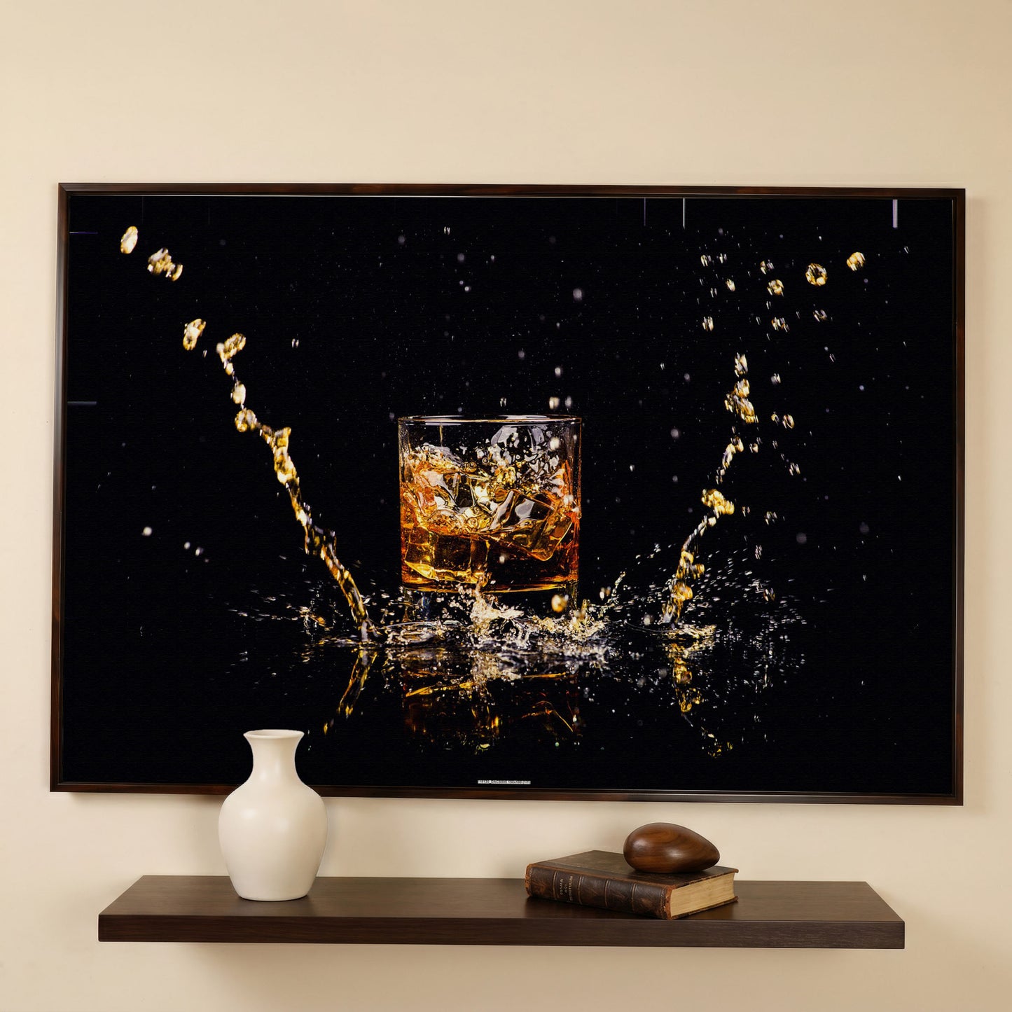 Whiskey Splash High-Speed Canvas Art. ADAM0131 in dark walnut floating frame