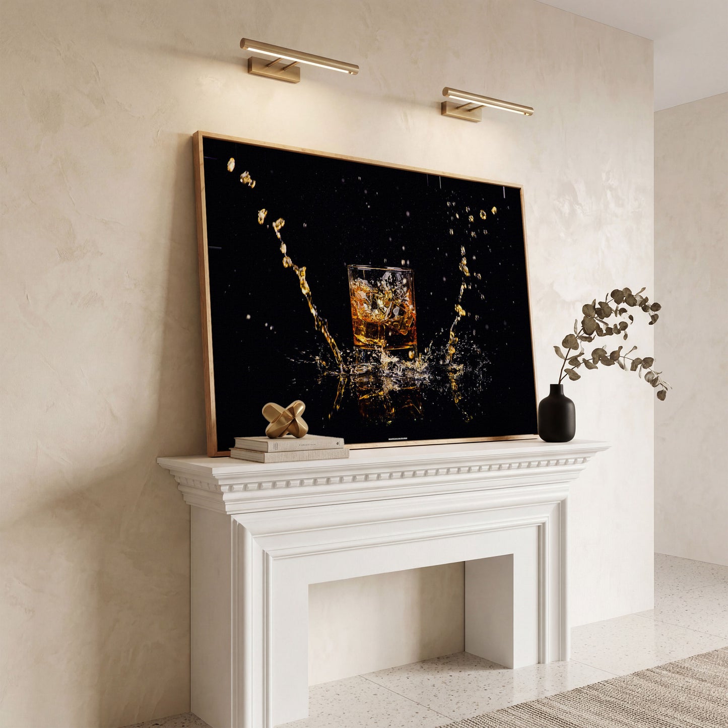 Whiskey Splash High-Speed Canvas Art. ADAM0131 in white oak floating frame