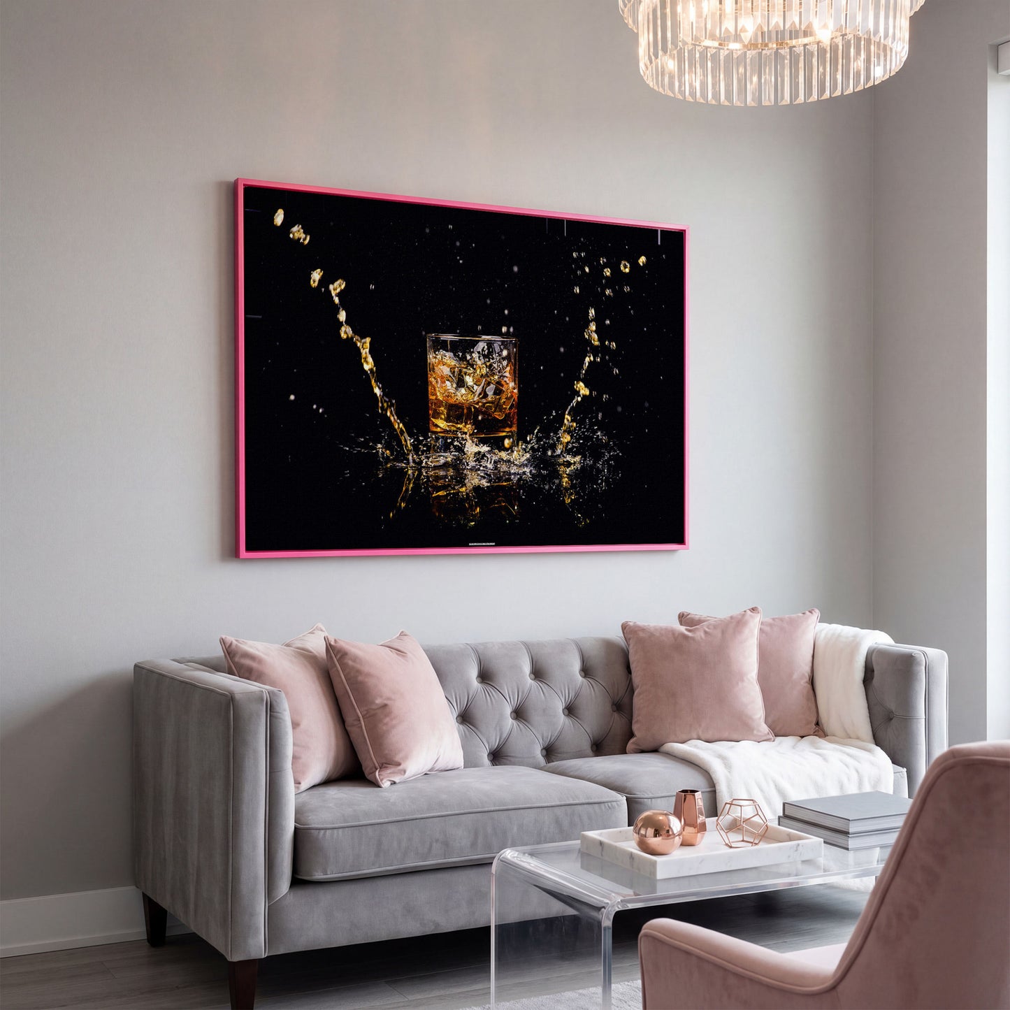 Whiskey Splash High-Speed Canvas Art. ADAM0131 in pink floating frame