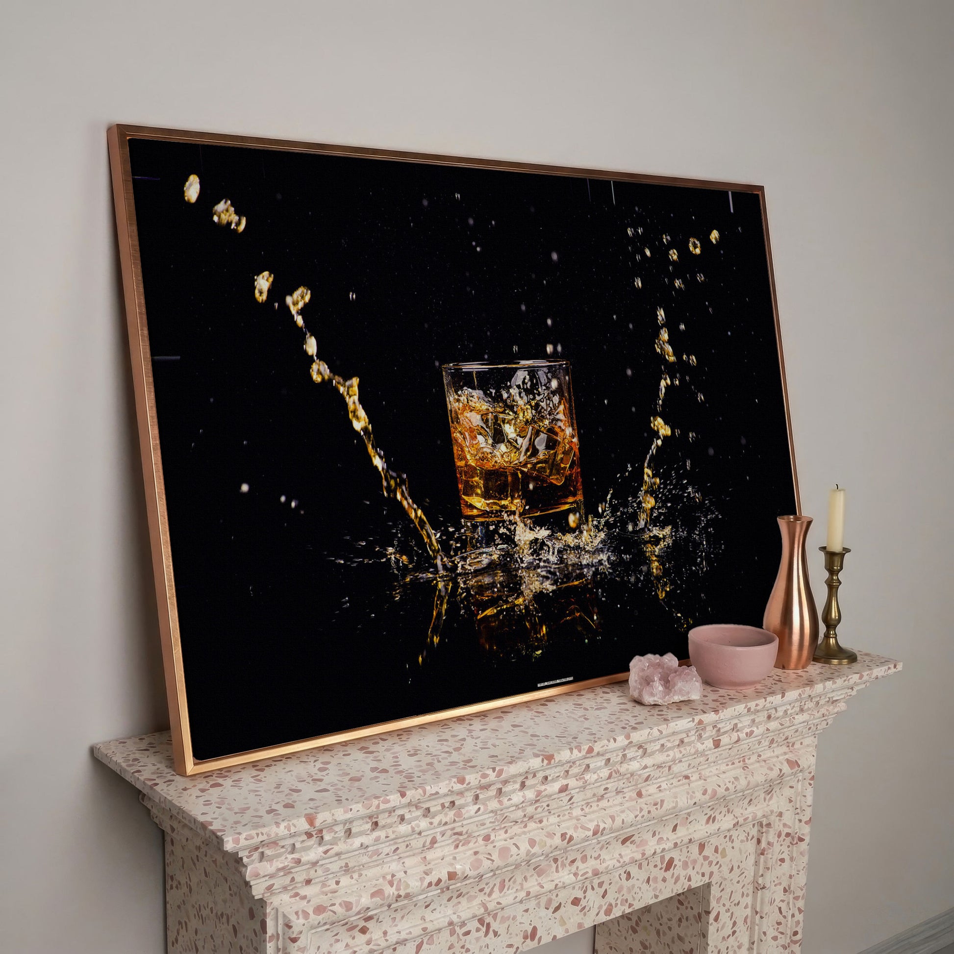 Whiskey Splash High-Speed Canvas Art. ADAM0131 in rose gold floating frame