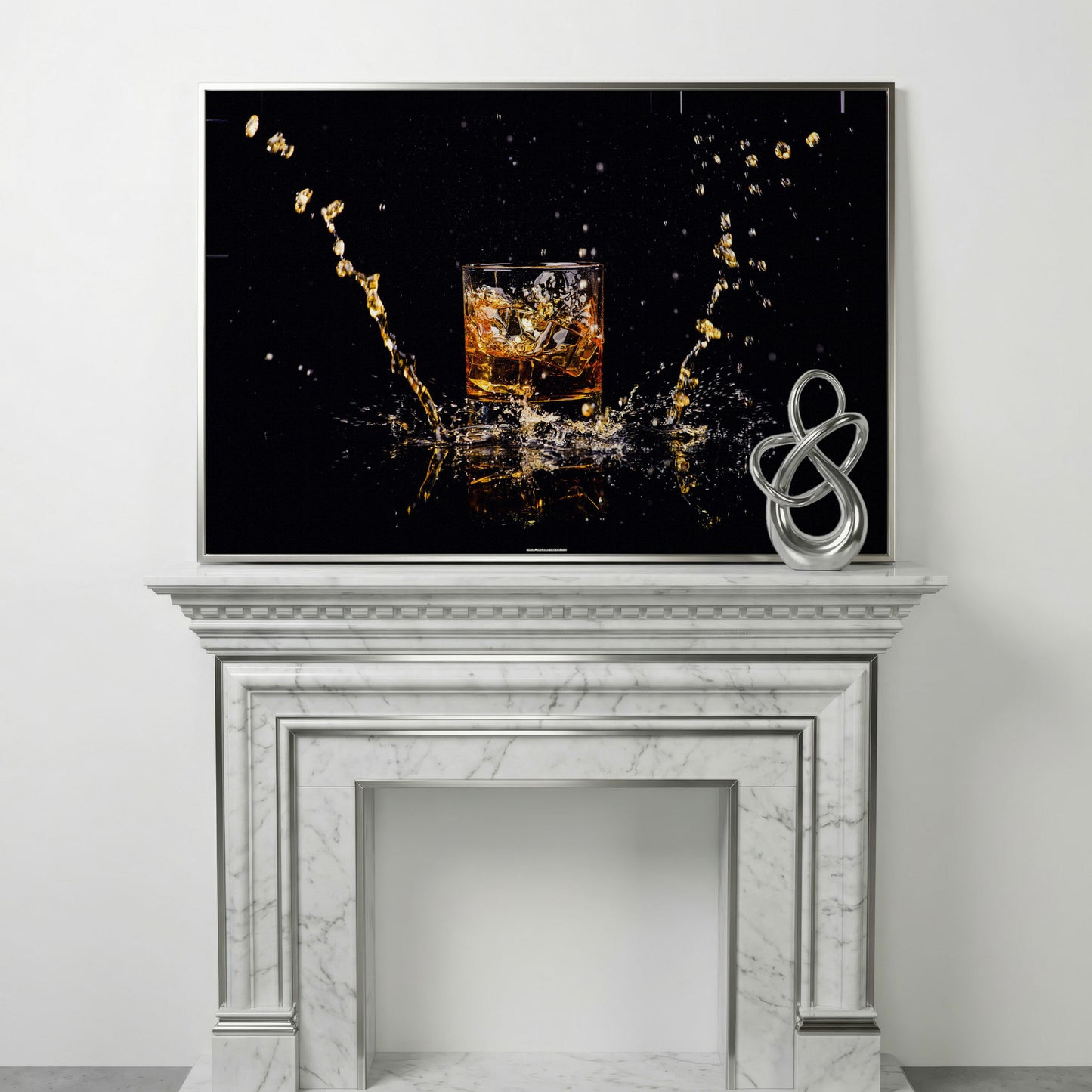 Whiskey Splash High-Speed Canvas Art. ADAM0131 in silver floating frame