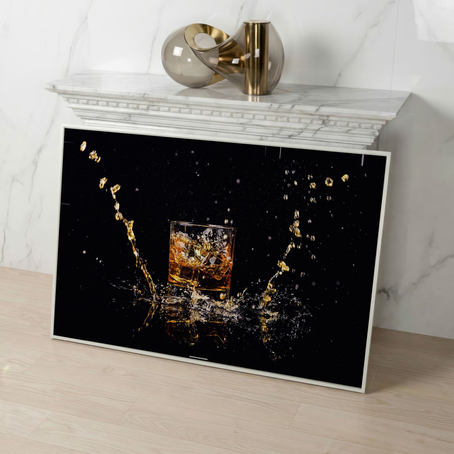 Whiskey Splash High-Speed Canvas Art. ADAM0131 in white floating frame