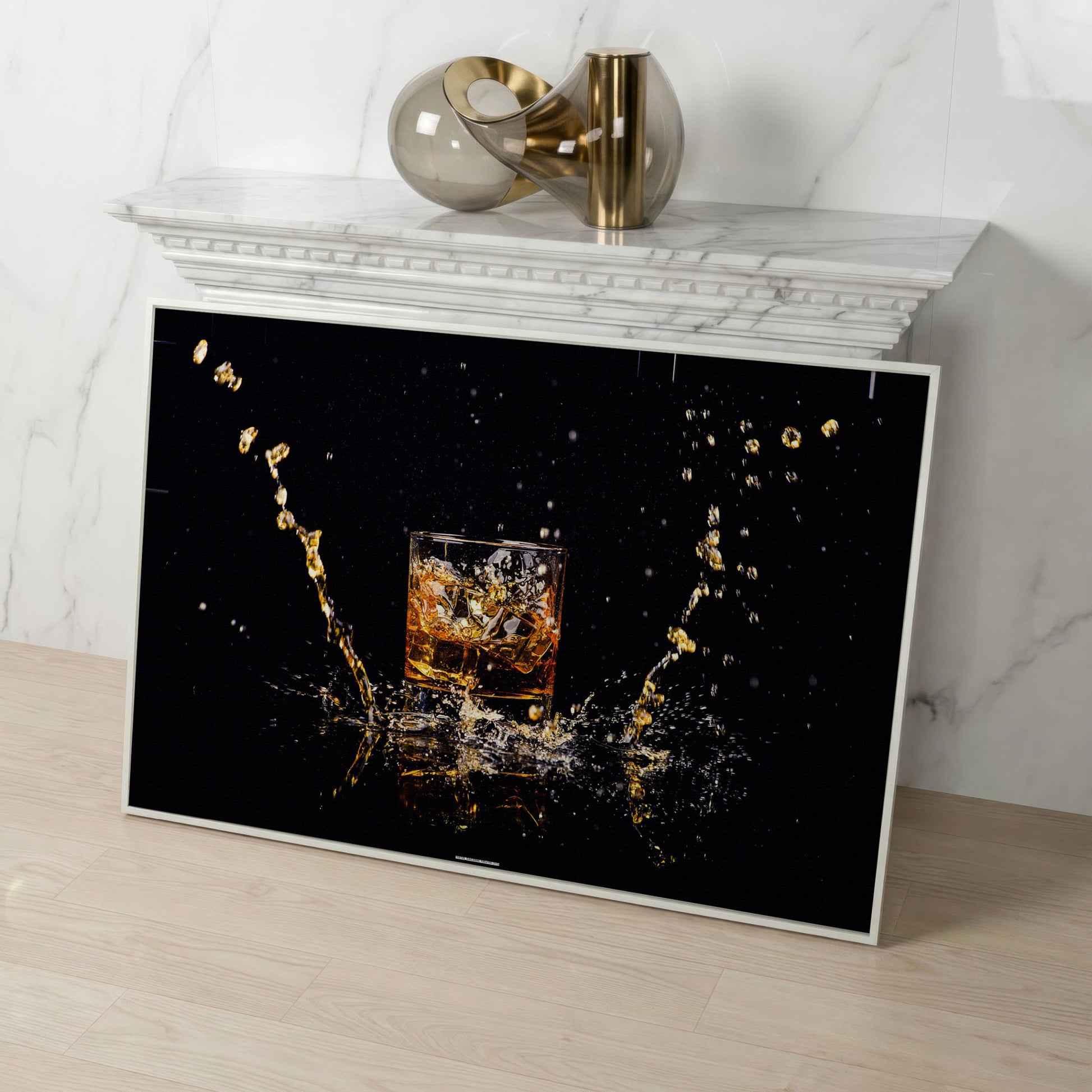 Whiskey Splash High-Speed Canvas Art. ADAM0131 in white floating frame